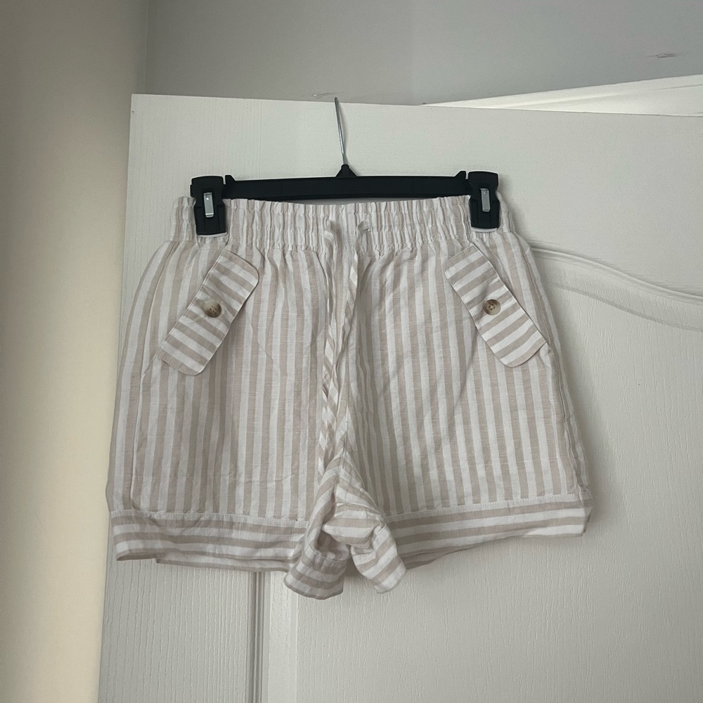 UpWest Beige and White Striped High Waist Shorts